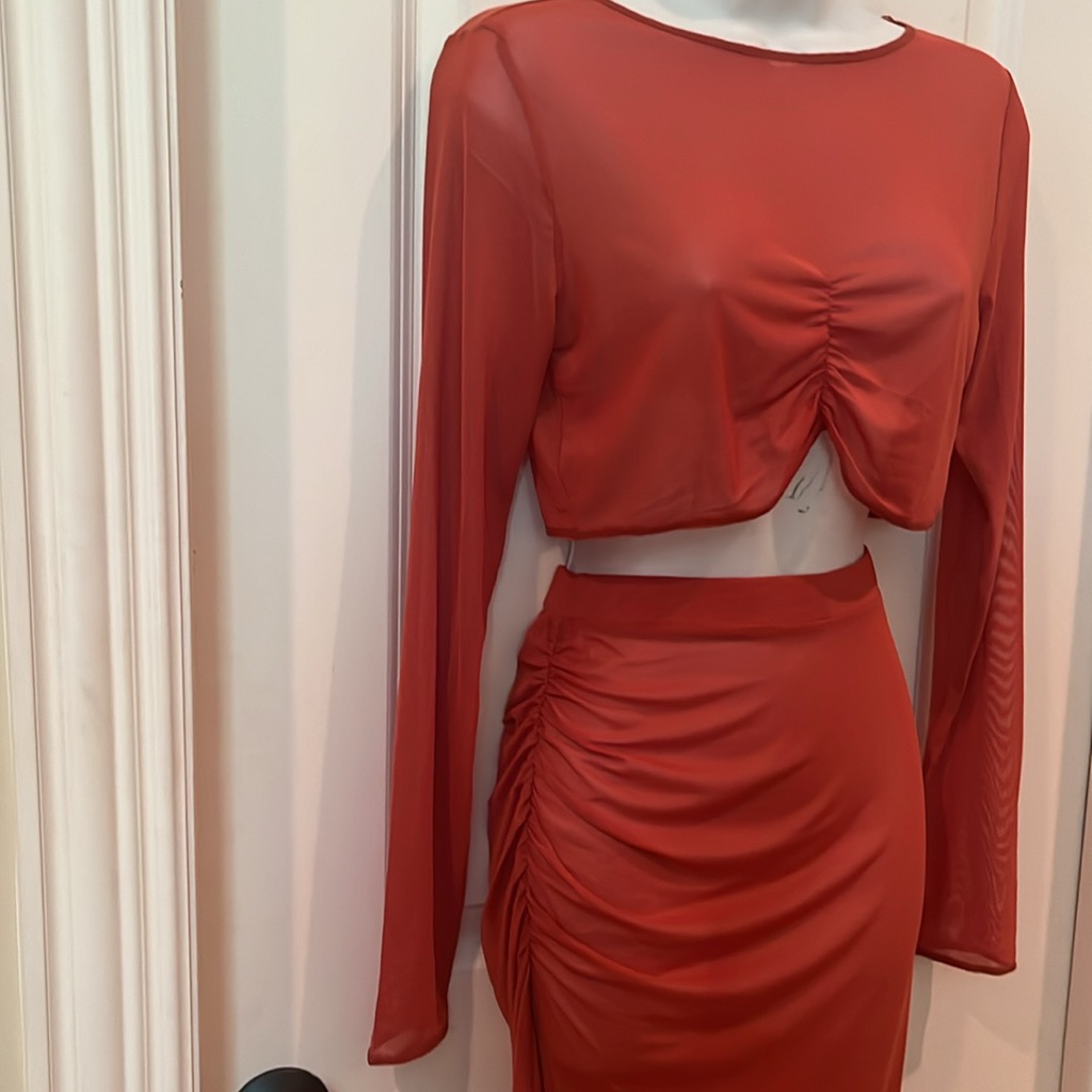 Nwt Swim Roux Ruched Rust Two Piece Mesh Top Skirt Resort Cover Up Large /Xl — image 2 of 8